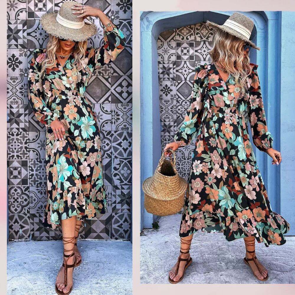 ZARA Floral Midi Ruffle Dress Wedding Guest Cocktail Cottagecore Chiffon V-Neck